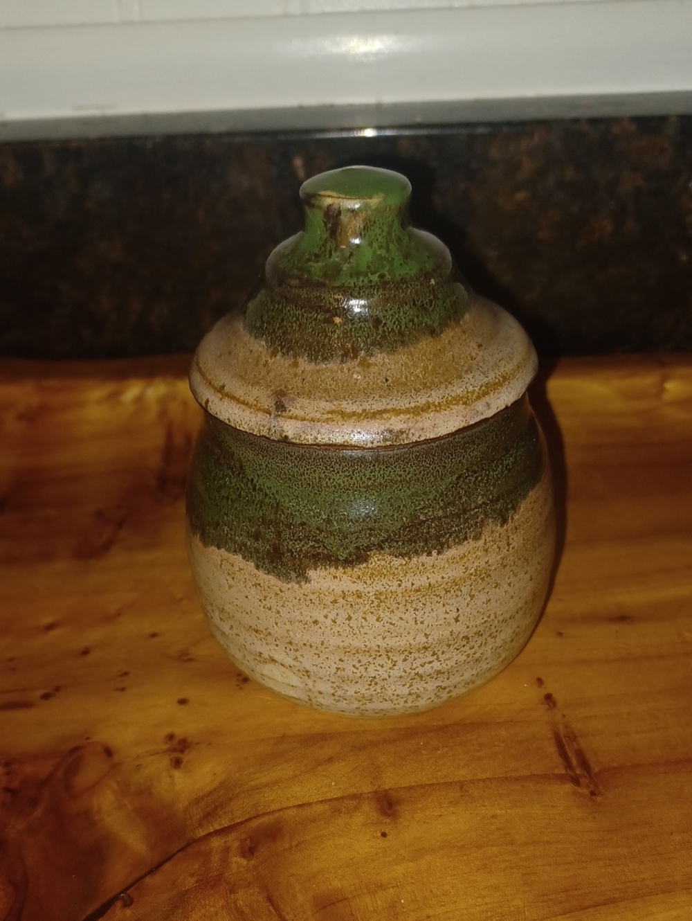 • Hand-Thrown Ceramic Honey Pot Sugar Crock, Green Glaze, Signed Linda Lake